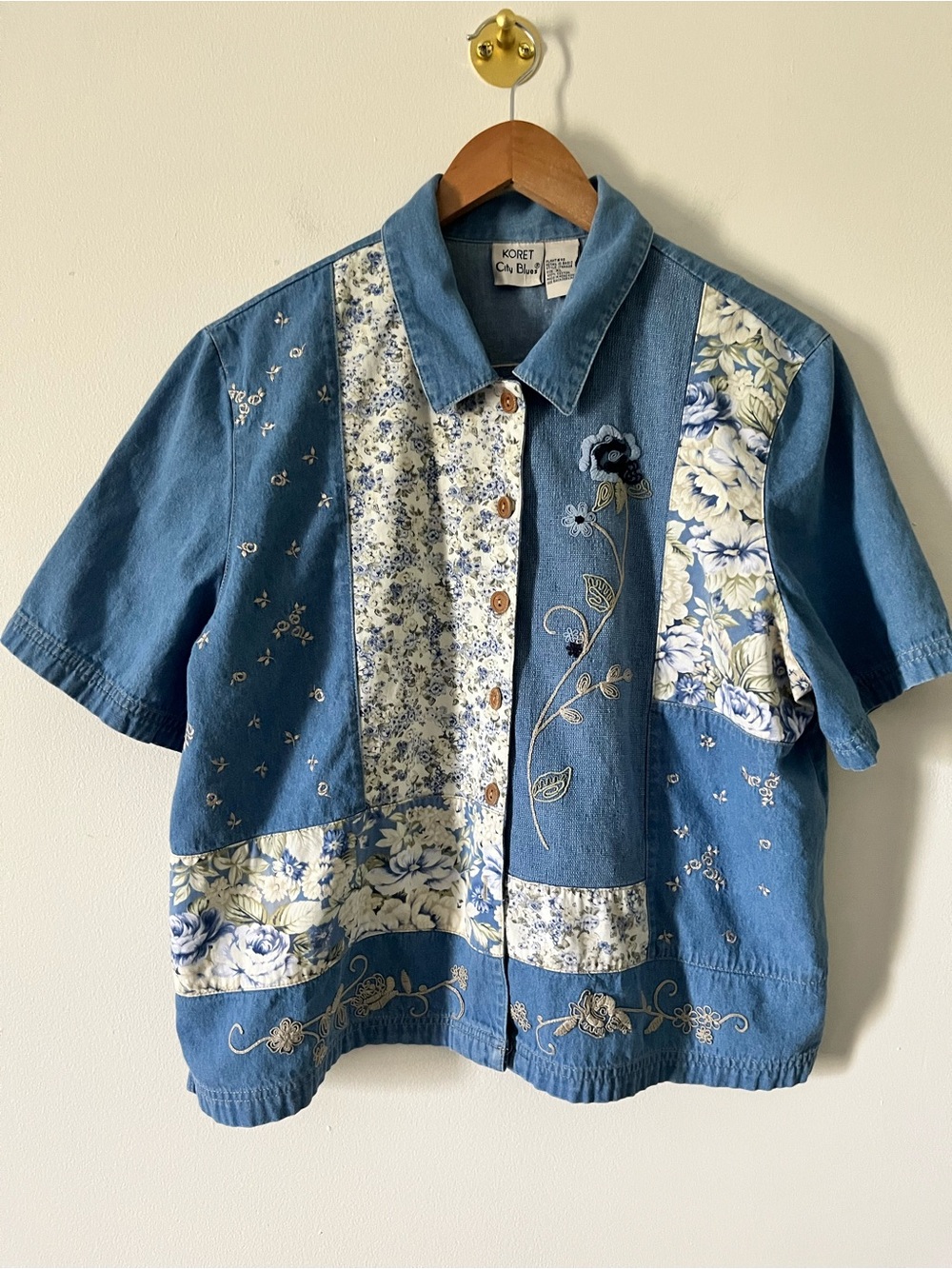 Koret CityBlues Mixed Print Patchwork Embroidered  Grandma Denim Floral Top XL